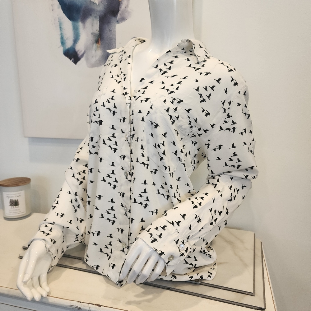 Just Living, Women's size L, white long sleeve button-down  shirt with birds.